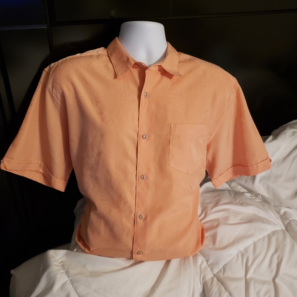 Cubavera Mens Large Shirt Short Sleeve Orange Patch Pocket Polyester